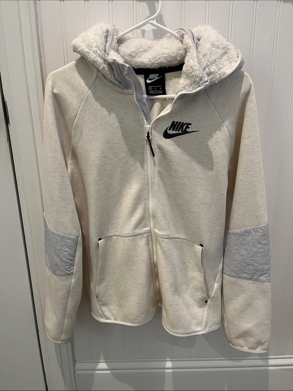 Nike Kids Cream Hooded Sherpa Jacket with Gray Elbow Patches